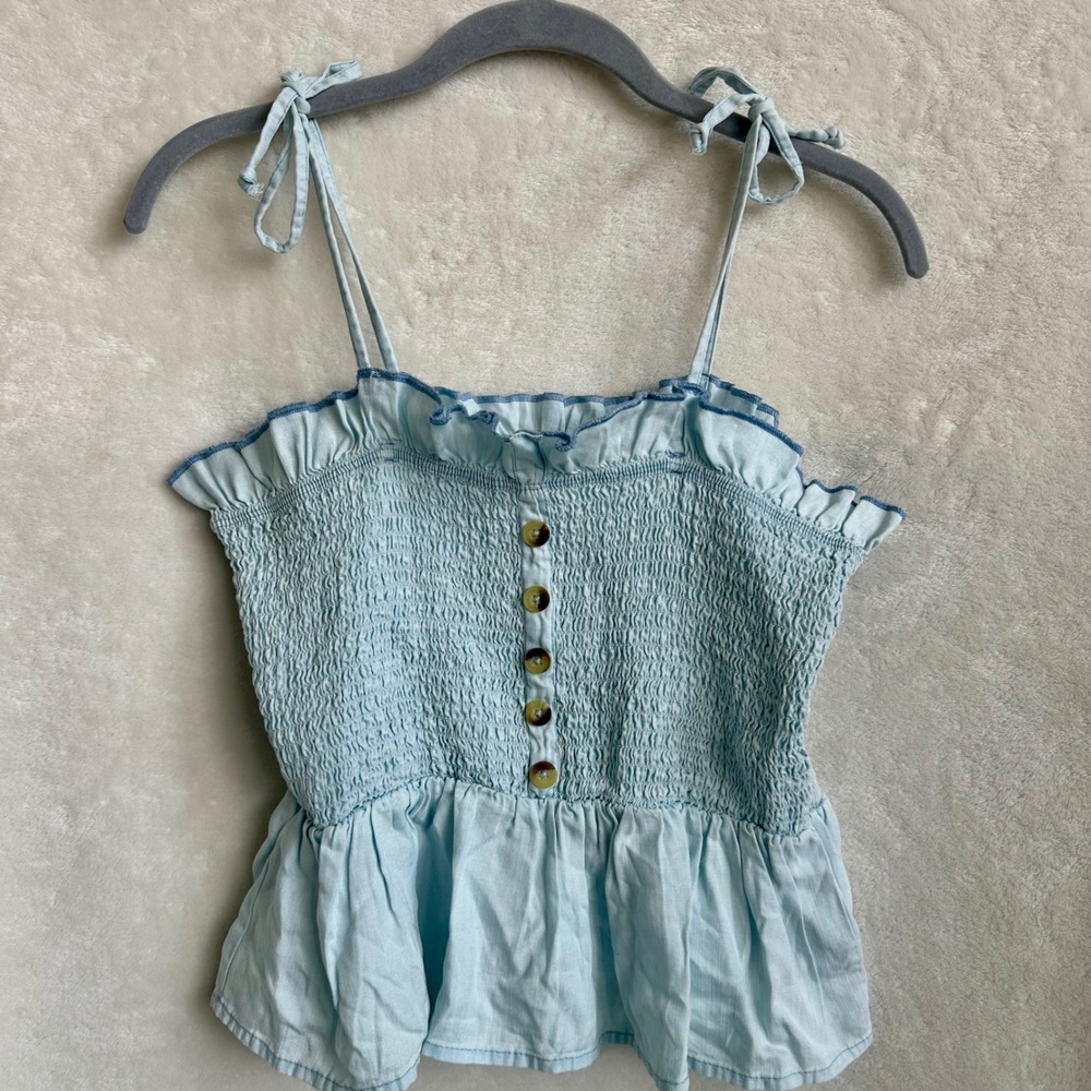 Harper Heritage Light Blue Smocked Tie Strap Button Peplum Crop Top Size Medium